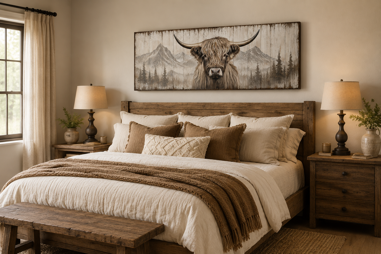 Rustic Highland Cow Painted On Wood Long Horizontal Framed Canvas Wall Art