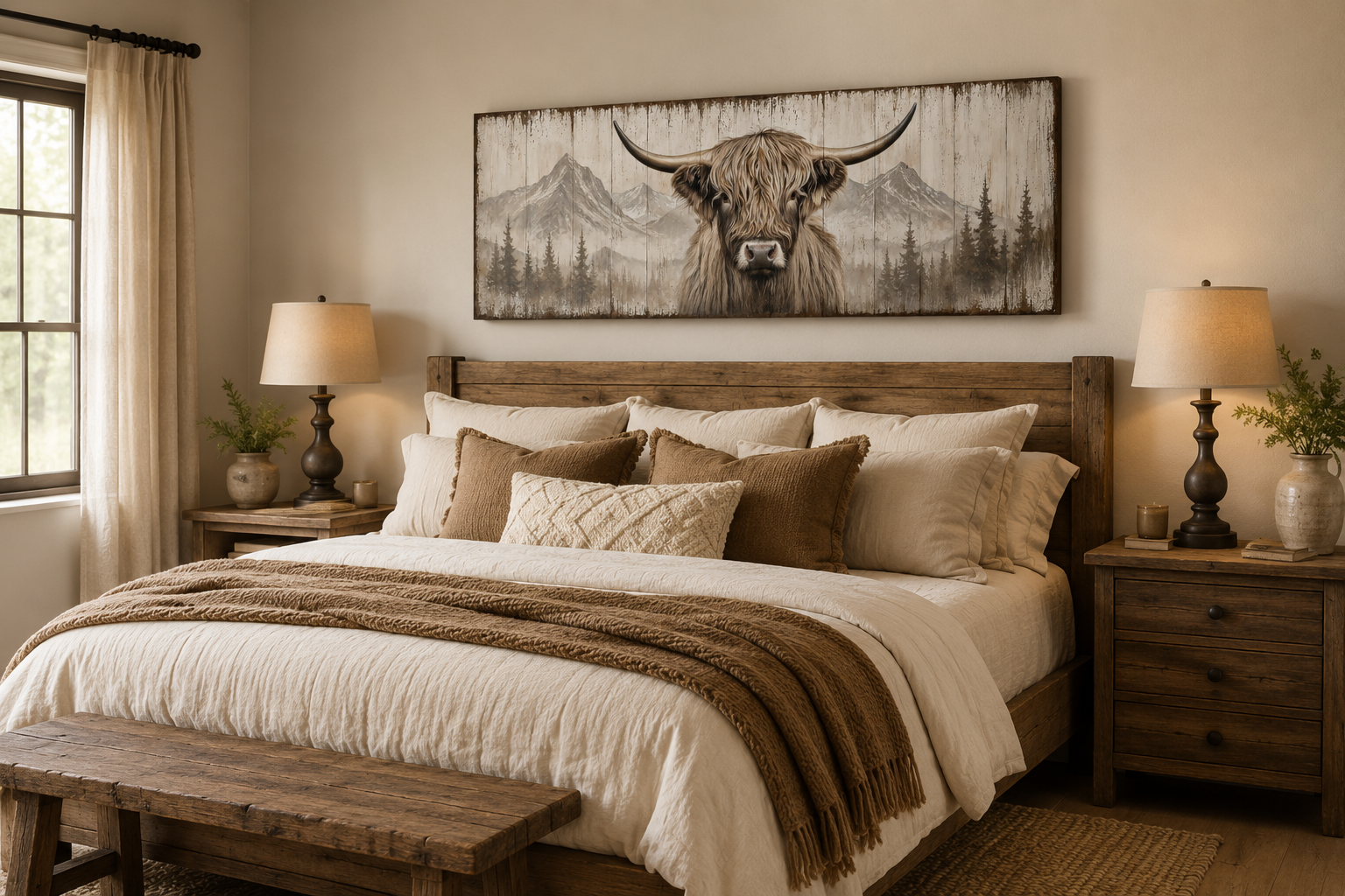 Rustic Highland Cow Painted On Wood Long Horizontal Framed Canvas Wall Art