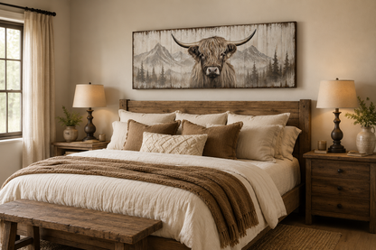Rustic Highland Cow Painted On Wood Long Horizontal Framed Canvas Wall Art