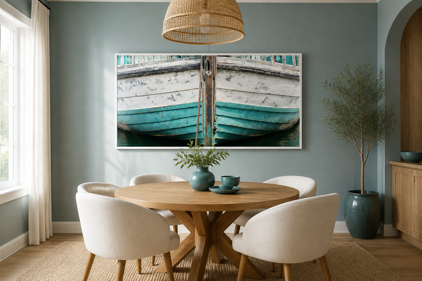 Rustic Old Teal Boat Close Up Framed Canvas Wall Art For Beach House Decor