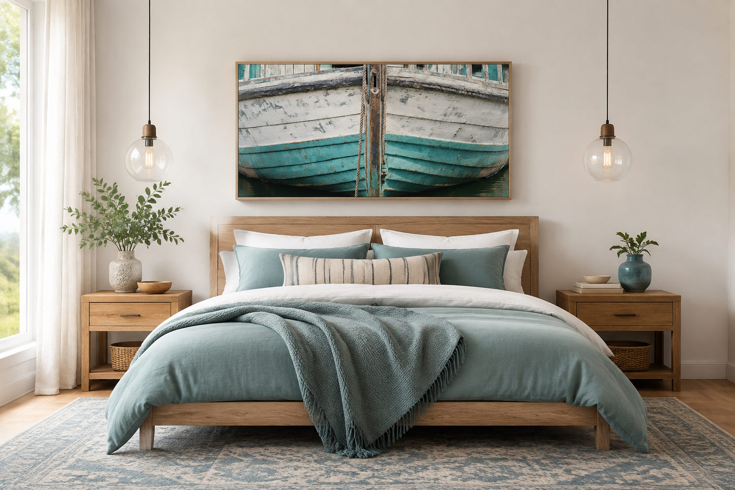 Rustic Old Teal Boat Close Up Framed Canvas Wall Art For Beach House Decor