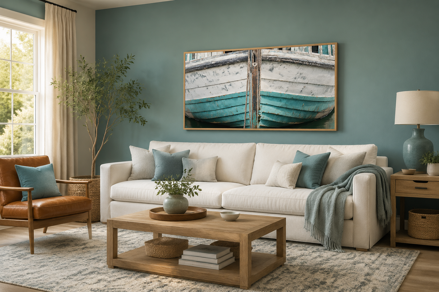 Rustic Old Teal Boat Close Up Framed Canvas Wall Art For Beach House Decor