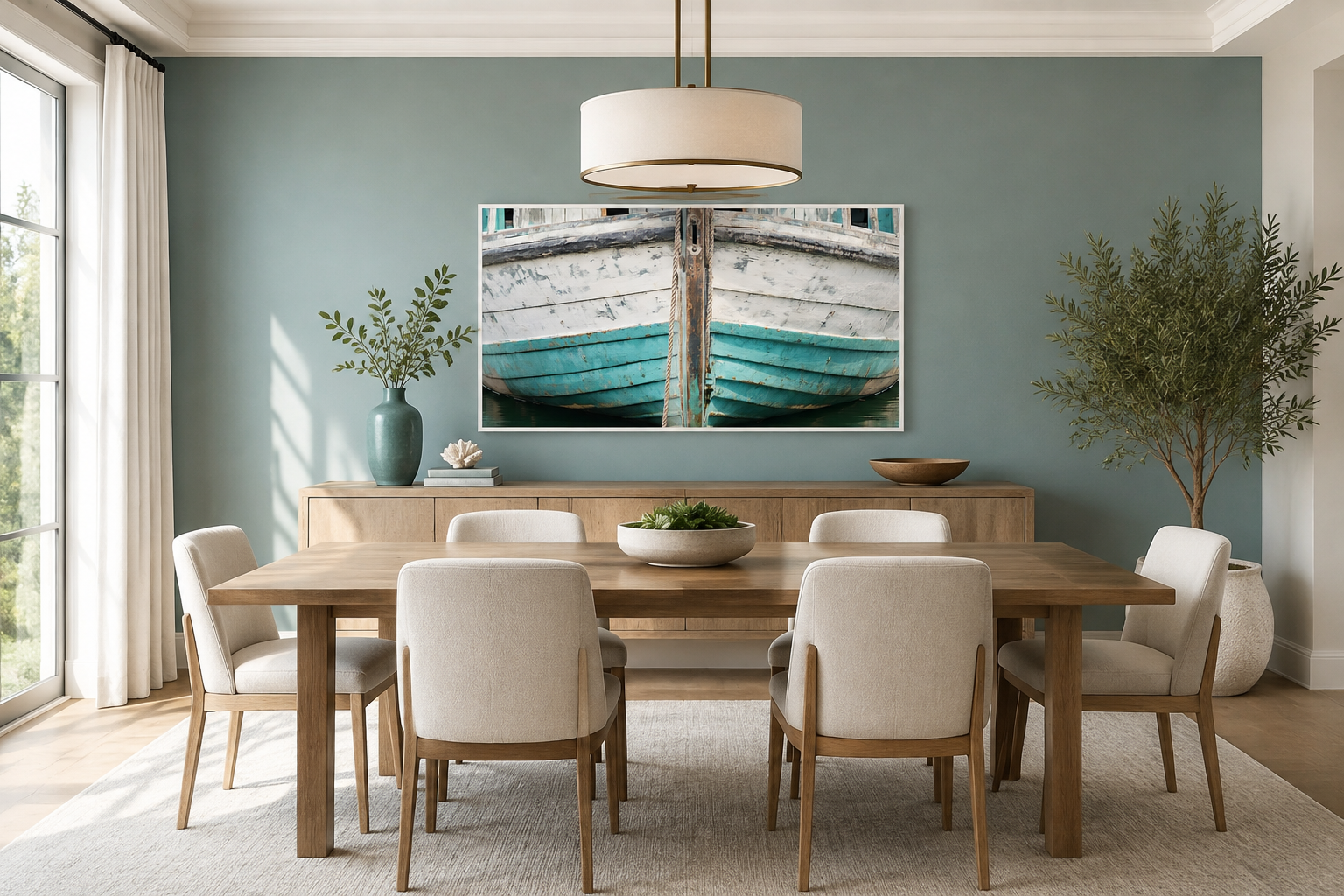 Rustic Old Teal Boat Close Up Framed Canvas Wall Art For Beach House Decor