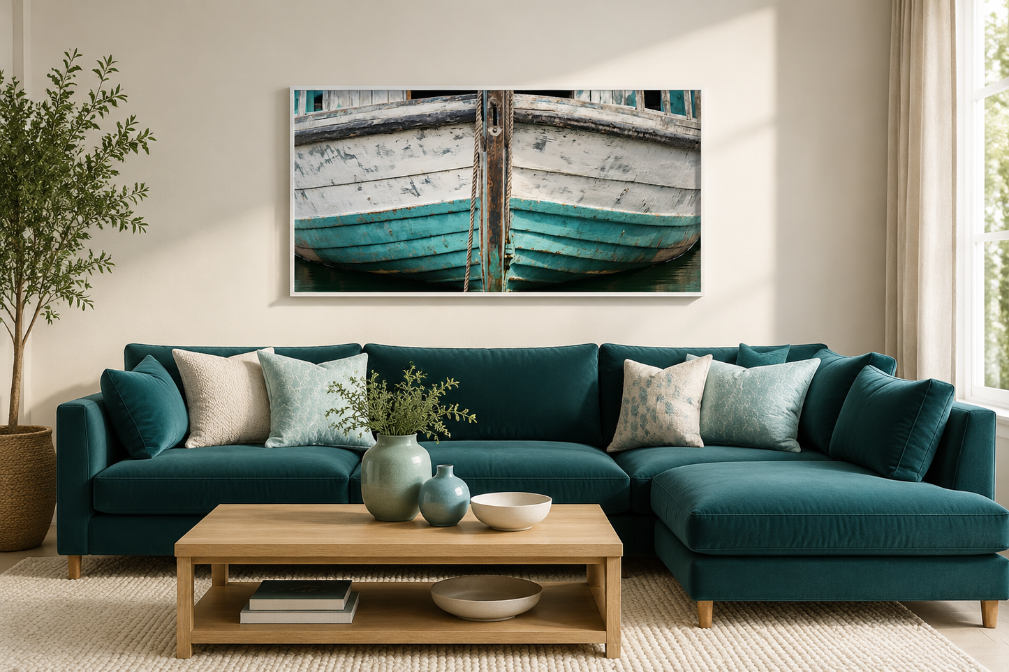 Rustic Old Teal Boat Close Up Framed Canvas Wall Art For Beach House Decor