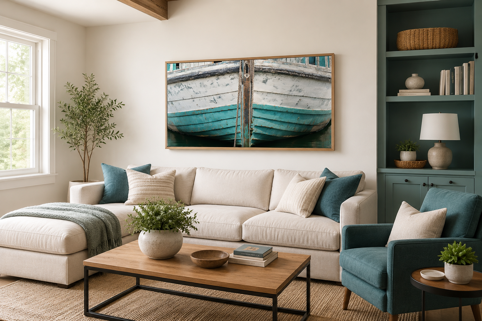 Rustic Old Teal Boat Close Up Framed Canvas Wall Art For Beach House Decor