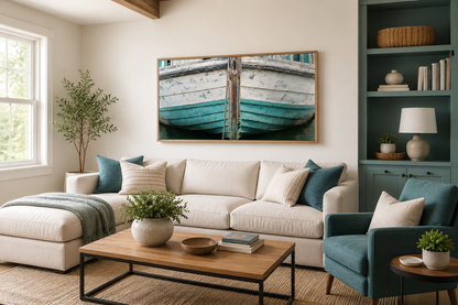 Rustic Old Teal Boat Close Up Framed Canvas Wall Art For Beach House Decor