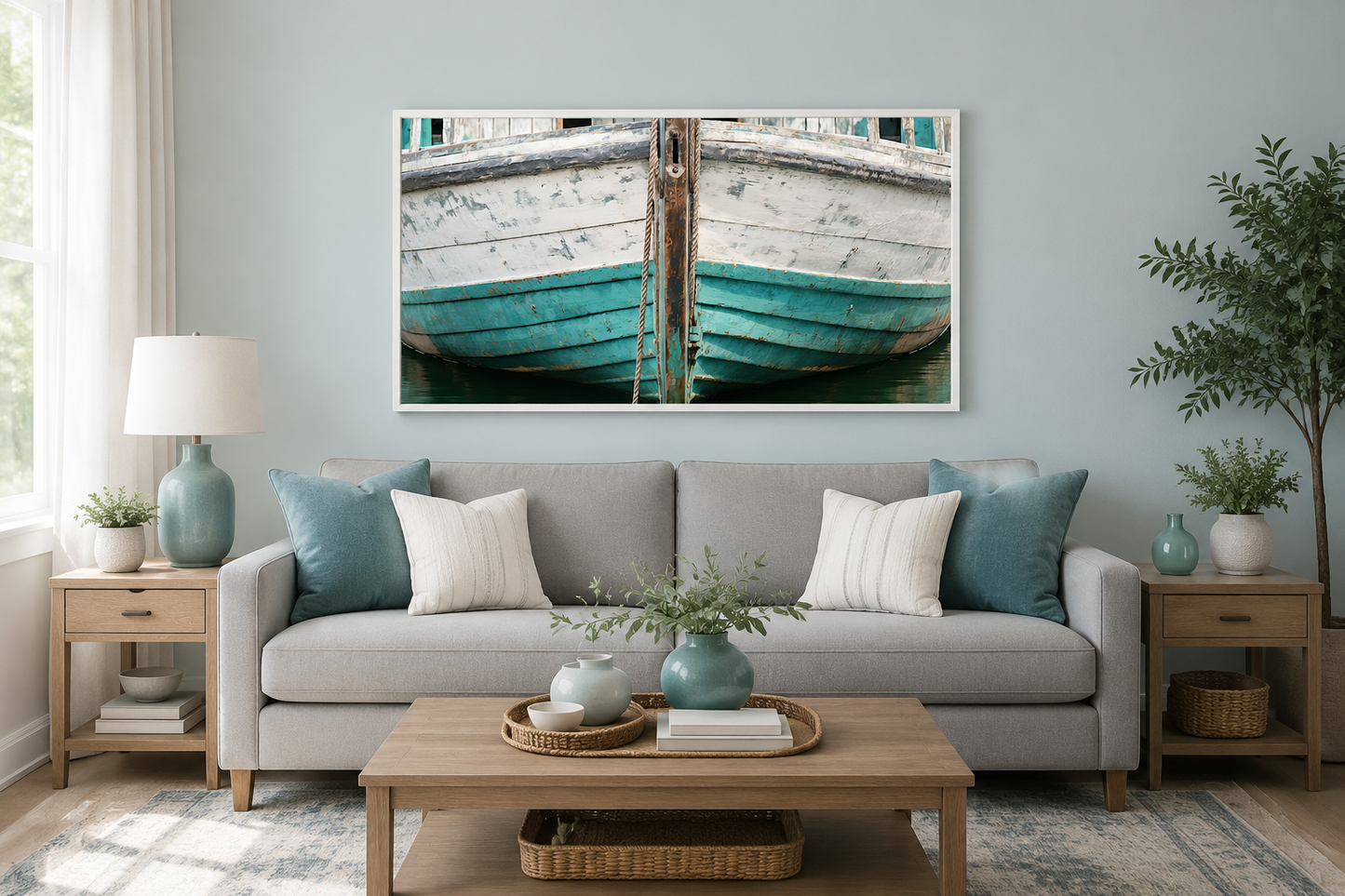 Rustic Old Teal Boat Close Up Framed Canvas Wall Art For Beach House Decor