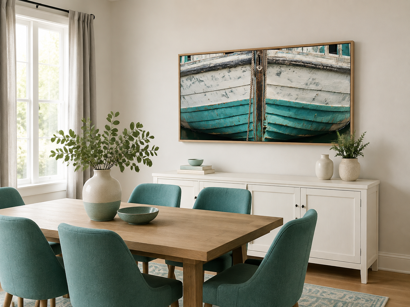 Rustic Old Teal Boat Close Up Framed Canvas Wall Art For Beach House Decor