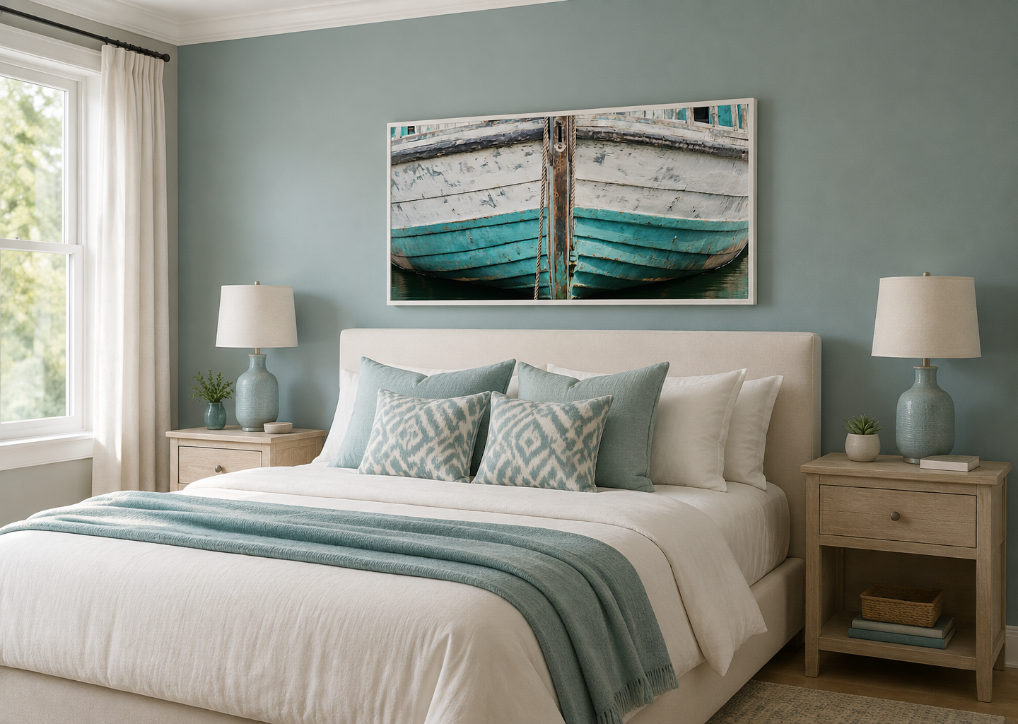 Rustic Old Teal Boat Close Up Framed Canvas Wall Art For Beach House Decor