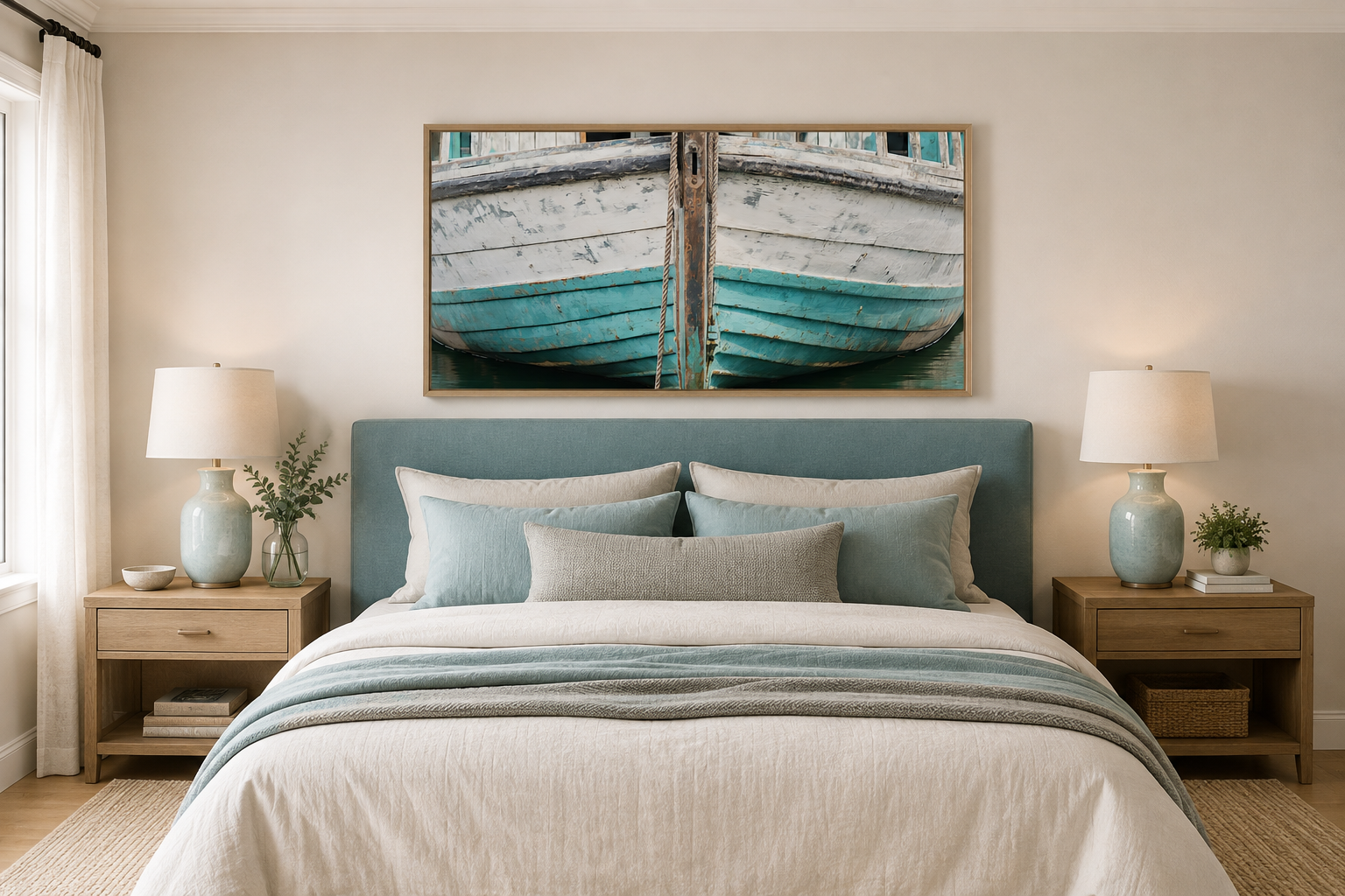 Rustic Old Teal Boat Close Up Framed Canvas Wall Art For Beach House Decor
