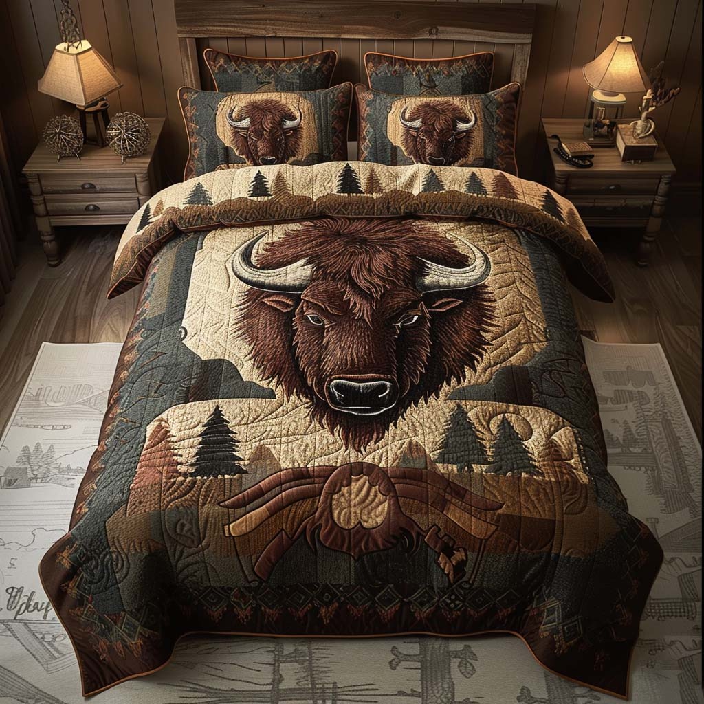 Rustic Pine Bison 3-Piece Quilted Bedding Set - Single (59" x 70")