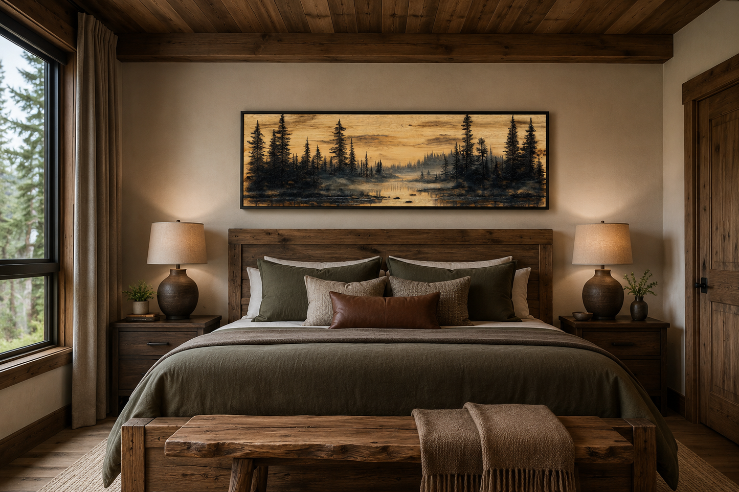 Rustic Pine Tree Forest Painted On Wood Panoramic Canvas Wall Art