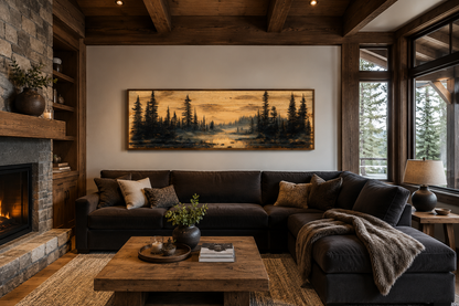 Rustic Pine Tree Forest Painted On Wood Panoramic Canvas Wall Art