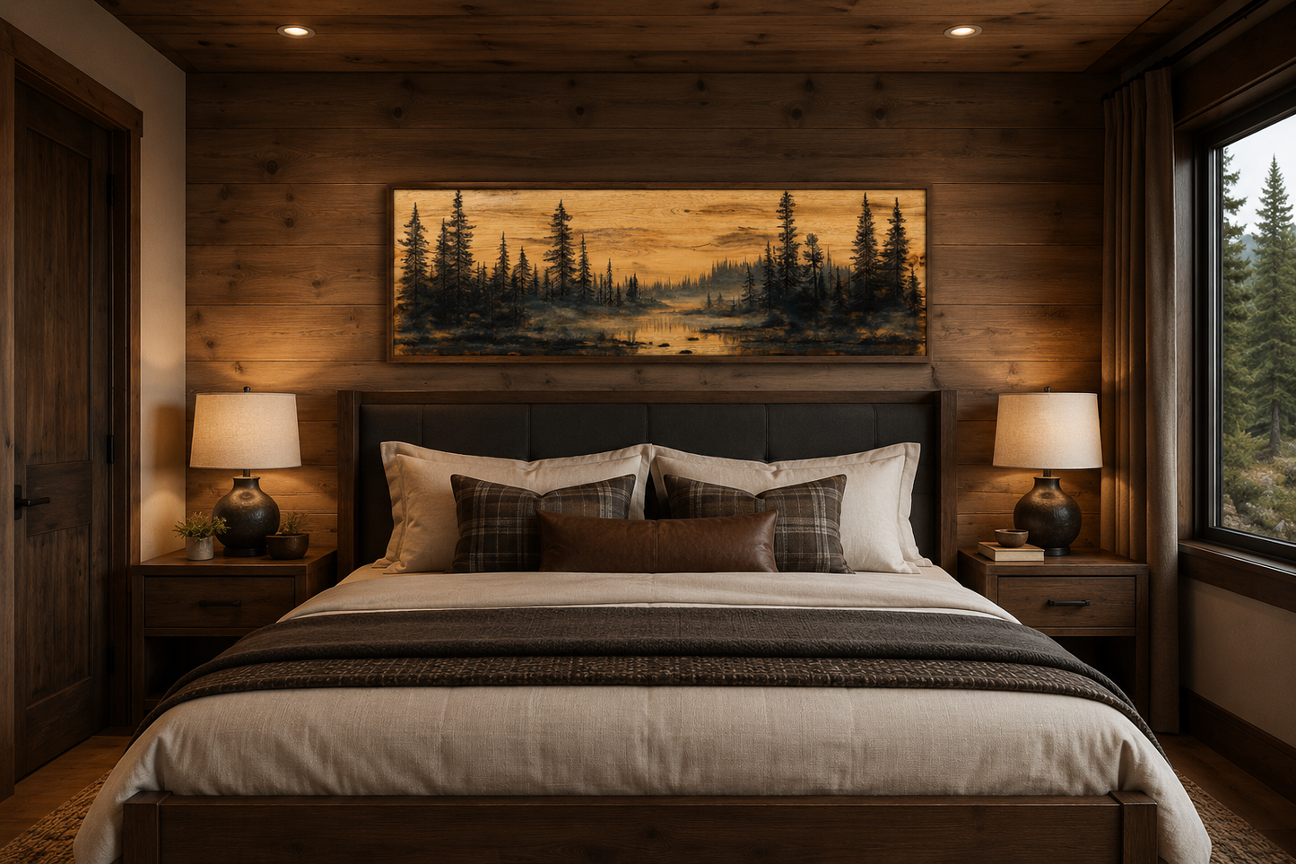Rustic Pine Tree Forest Painted On Wood Panoramic Canvas Wall Art