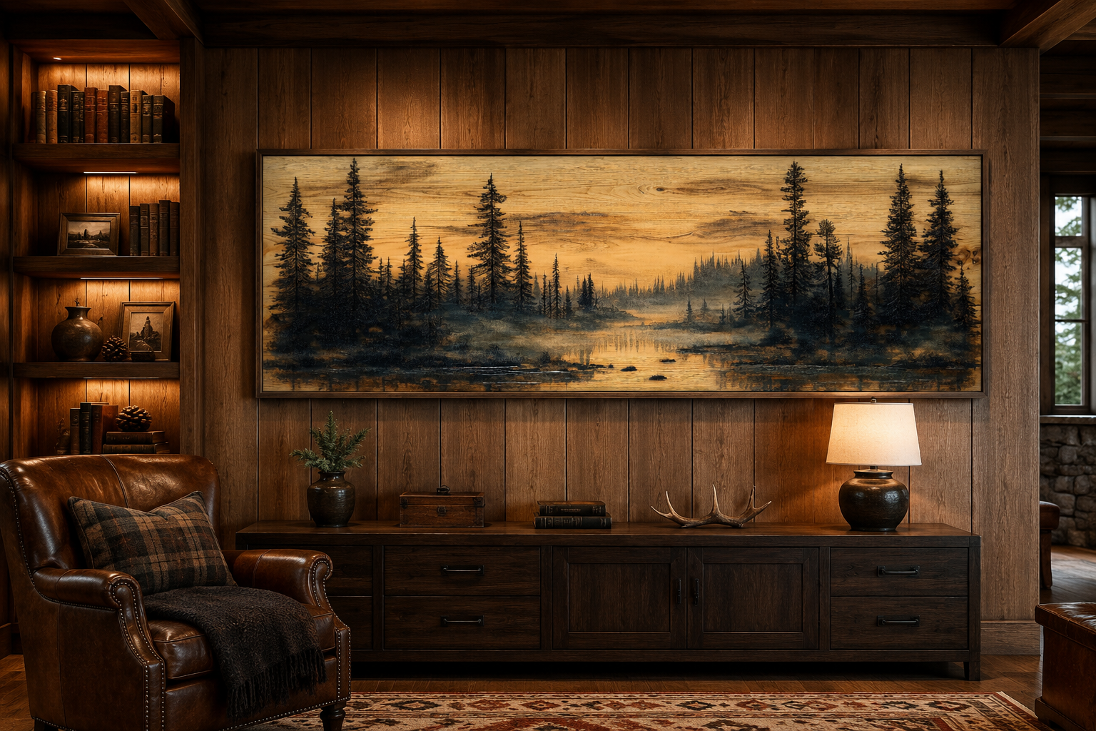 Rustic Pine Tree Forest Painted On Wood Panoramic Canvas Wall Art