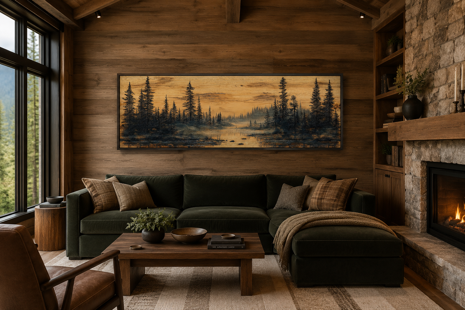 Rustic Pine Tree Forest Painted On Wood Panoramic Canvas Wall Art