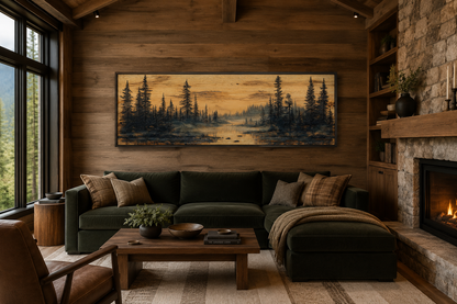Rustic Pine Tree Forest Painted On Wood Panoramic Canvas Wall Art