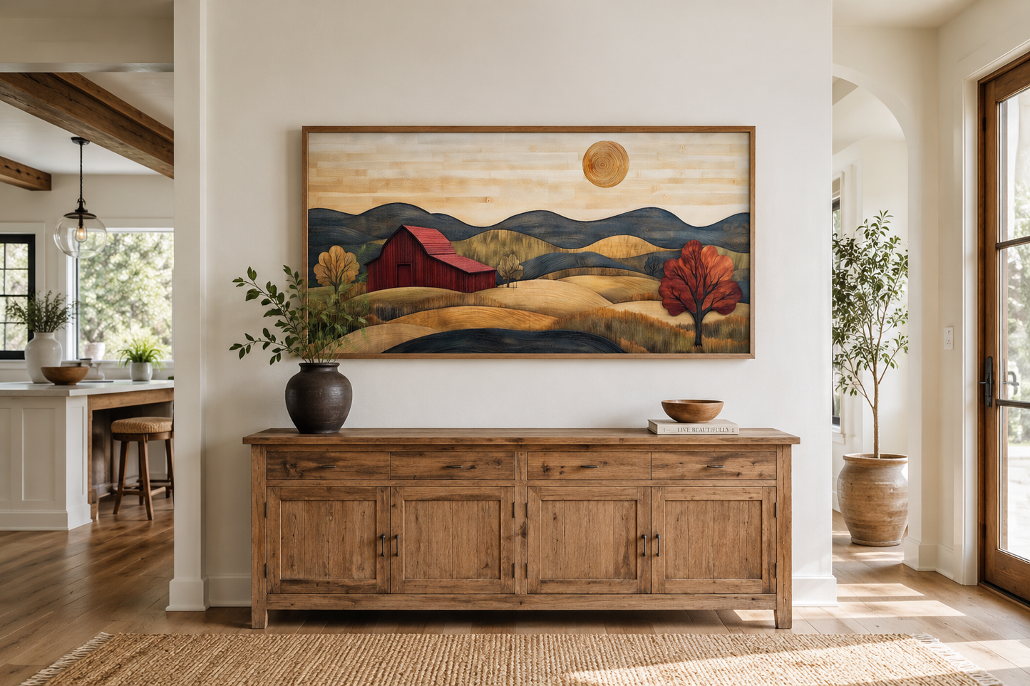Rustic Red Barn And Farm Landscape Wood Style Canvas Wall Art