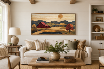 Rustic Red Barn And Farm Landscape Wood Style Canvas Wall Art