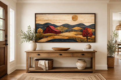 Rustic Red Barn And Farm Landscape Wood Style Canvas Wall Art