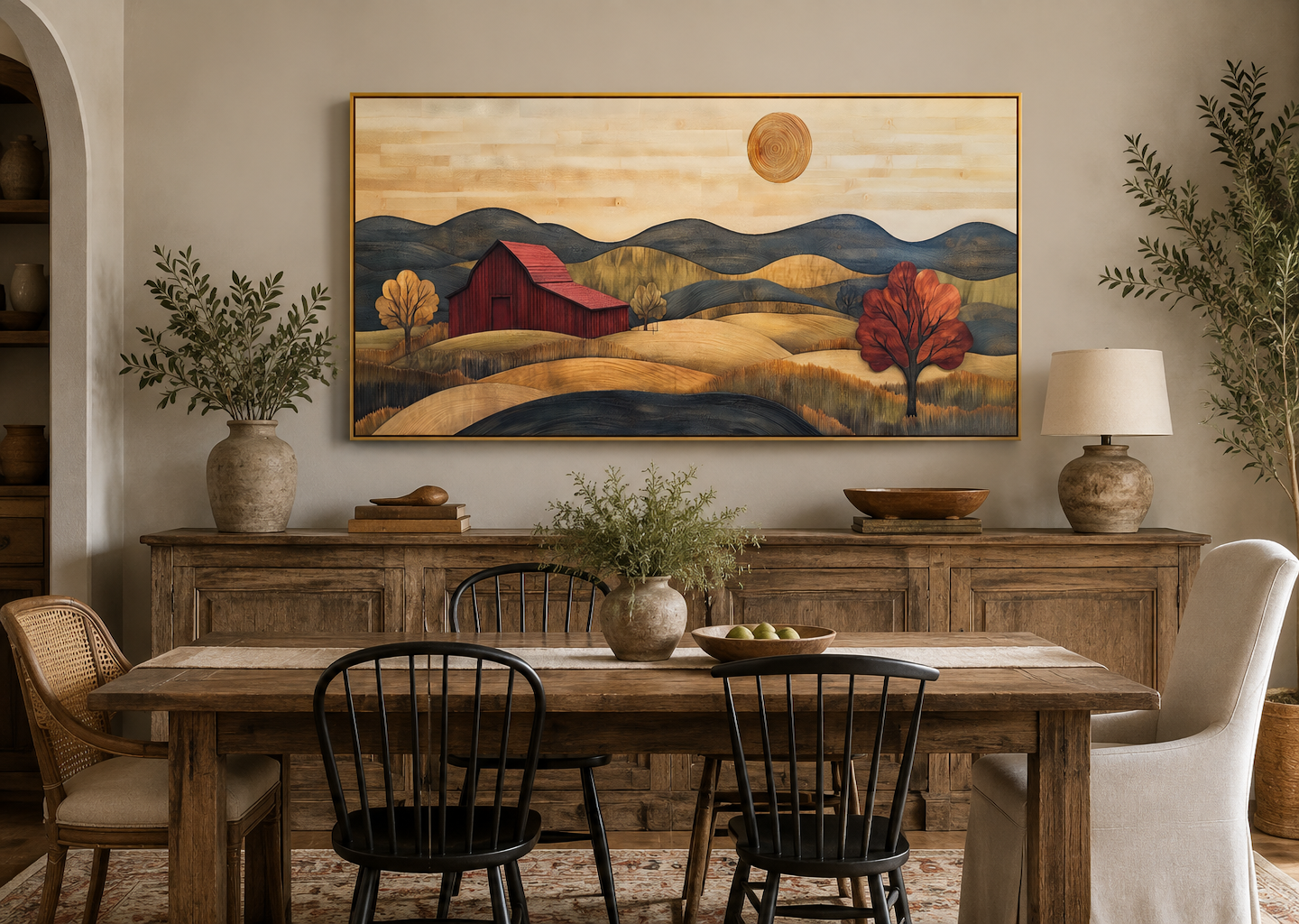 Rustic Red Barn And Farm Landscape Wood Style Canvas Wall Art