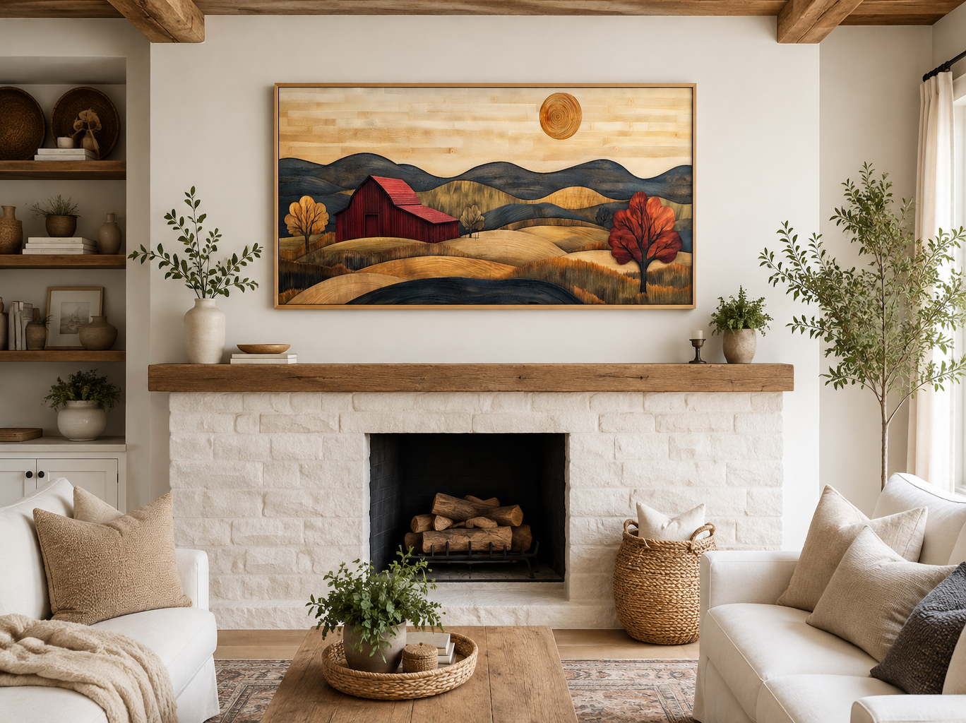 Rustic Red Barn And Farm Landscape Wood Style Canvas Wall Art