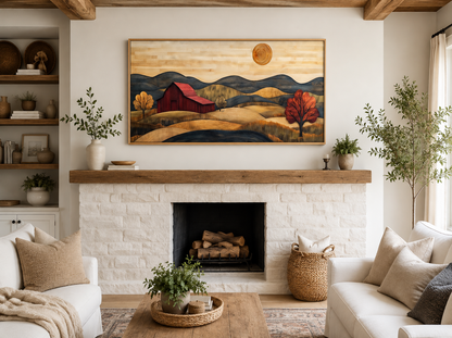 Rustic Red Barn And Farm Landscape Wood Style Canvas Wall Art