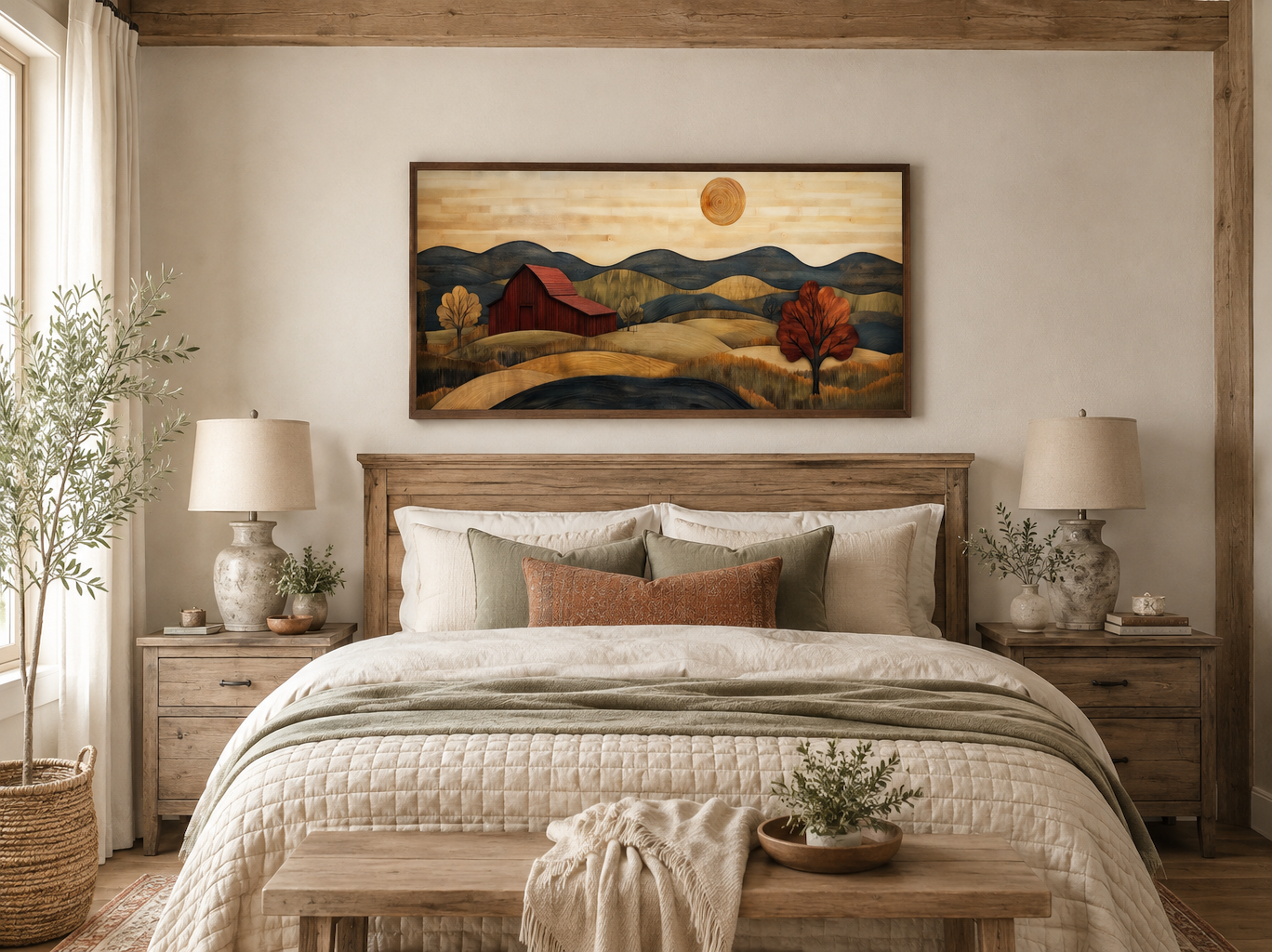 Rustic Red Barn And Farm Landscape Wood Style Canvas Wall Art