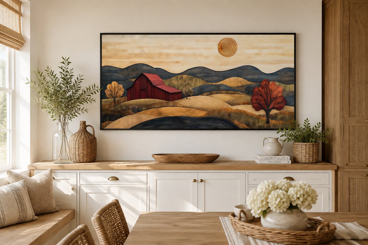 Rustic Red Barn And Farm Landscape Wood Style Canvas Wall Art