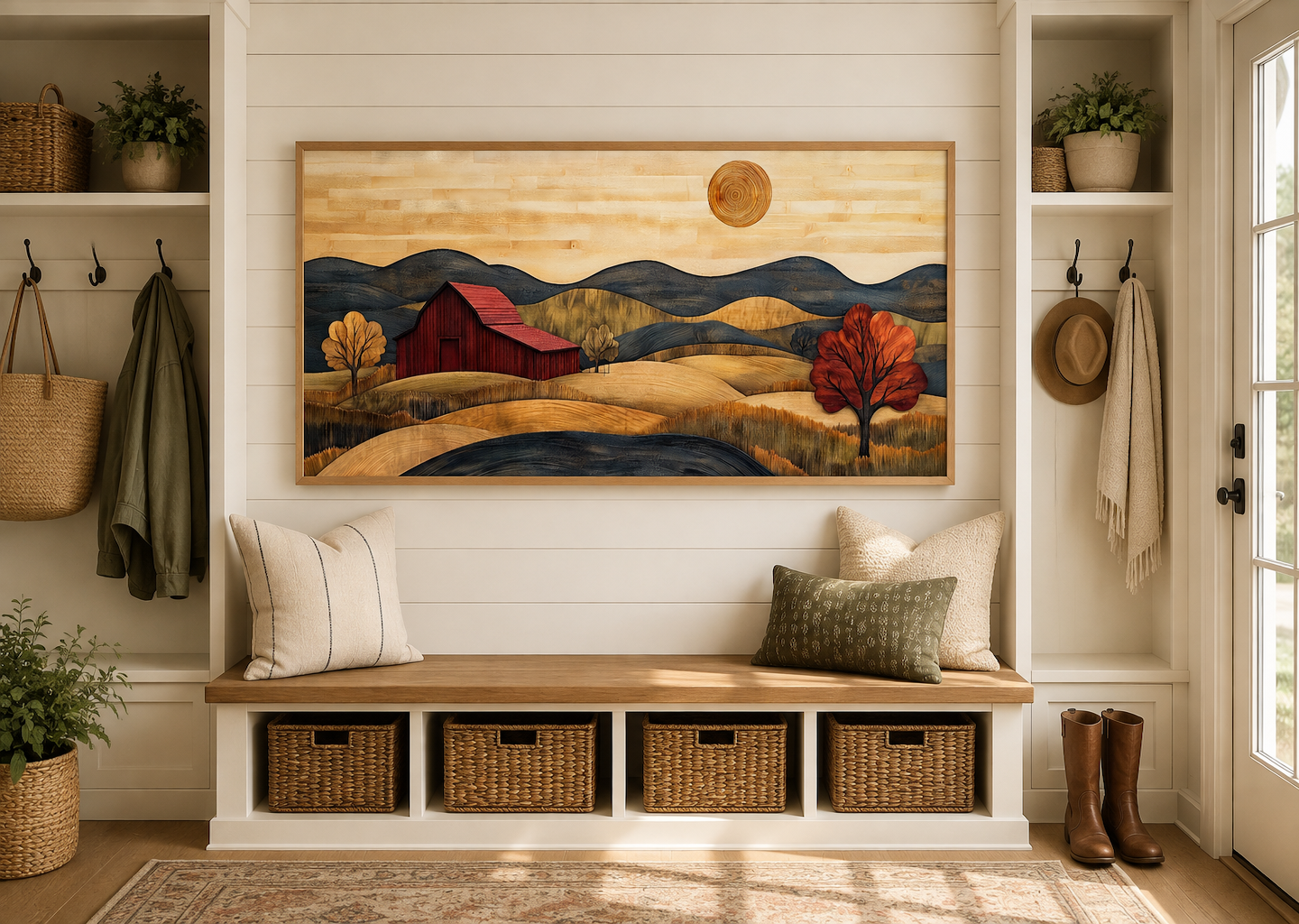 Rustic Red Barn And Farm Landscape Wood Style Canvas Wall Art