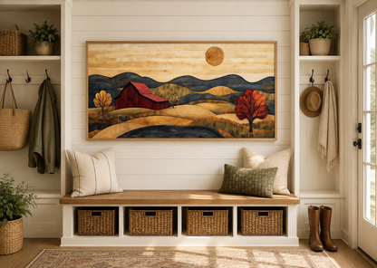 Rustic Red Barn And Farm Landscape Wood Style Canvas Wall Art
