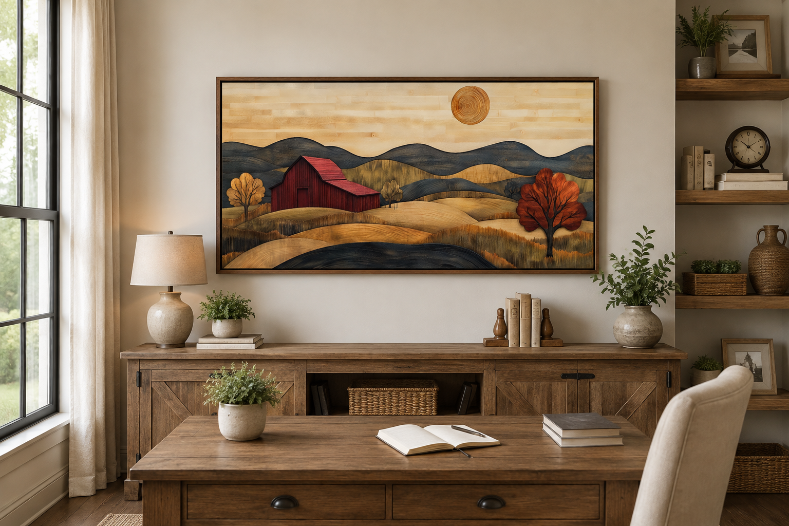 Rustic Red Barn And Farm Landscape Wood Style Canvas Wall Art