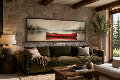 Rustic Red Canoe In The Lake Painted On Wood Framed Canvas Wall Art