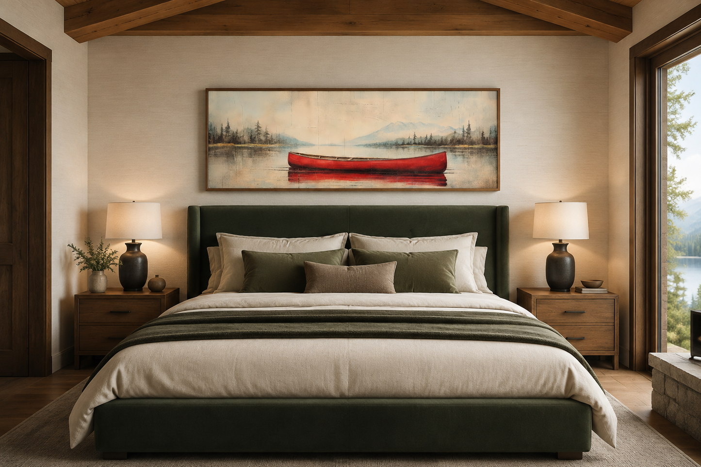 Rustic Red Canoe In The Lake Painted On Wood Framed Canvas Wall Art