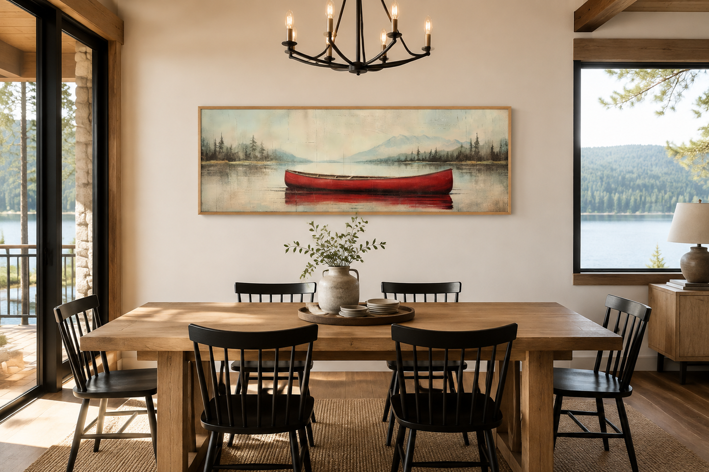 Rustic Red Canoe In The Lake Painted On Wood Framed Canvas Wall Art
