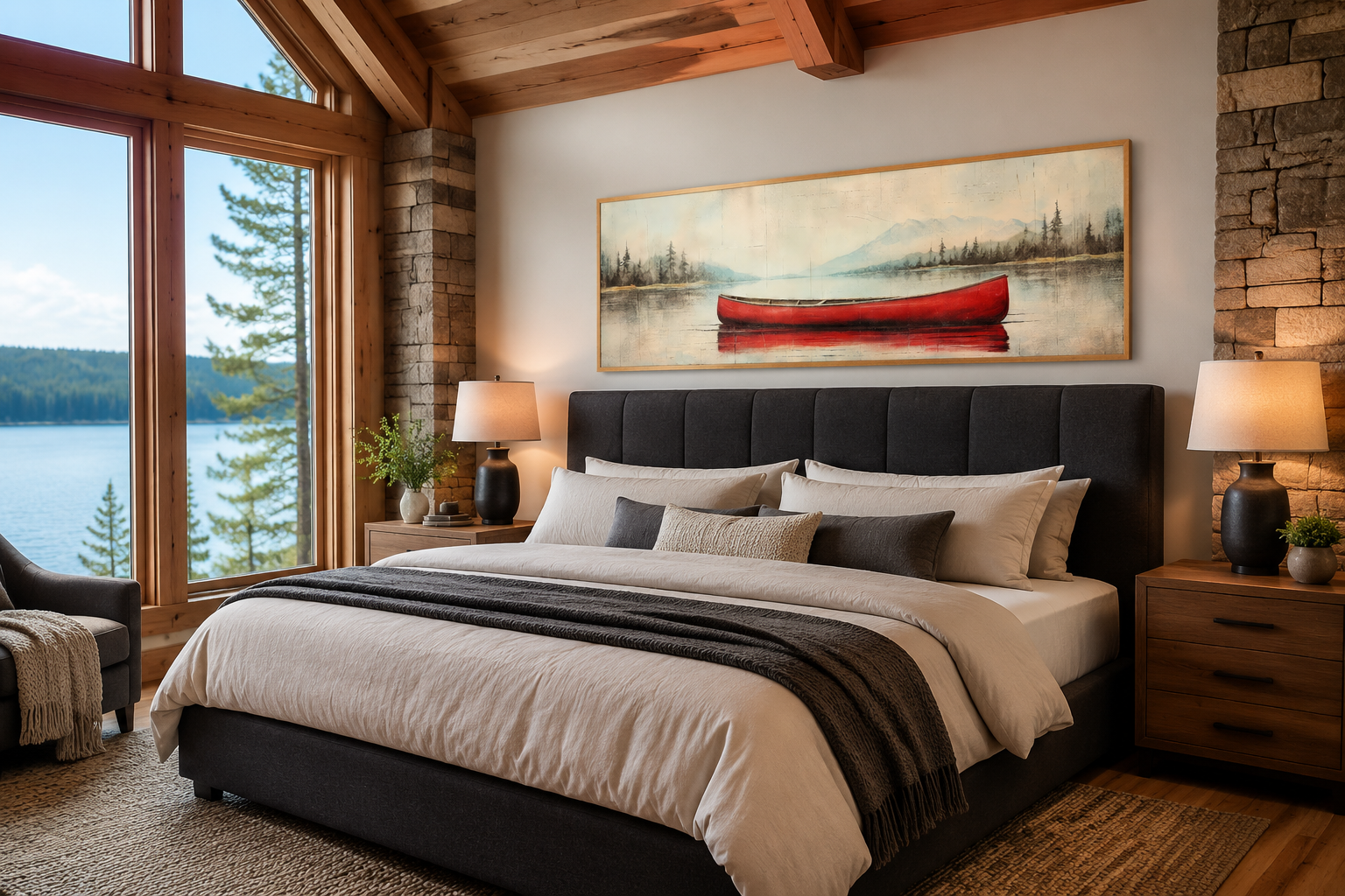 Rustic Red Canoe In The Lake Painted On Wood Framed Canvas Wall Art