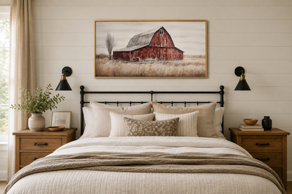 Rustic Red Old Farm Barn Painting On Wood Farmhouse Canvas Wall Art