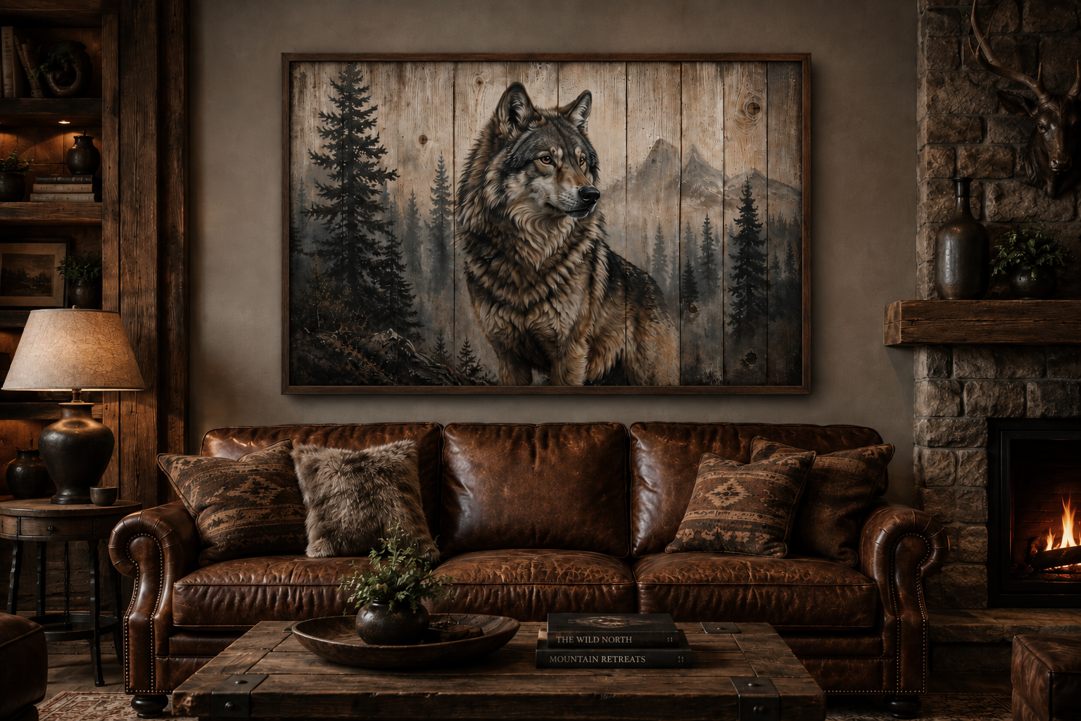 Rustic Wolf Painting On Wood Framed Canvas Wall Art For Cabin Decor