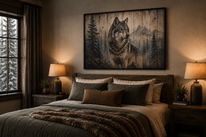 Rustic Wolf Painting On Wood Framed Canvas Wall Art For Cabin Decor