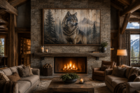 Rustic Wolf Painting On Wood Framed Canvas Wall Art For Cabin Decor