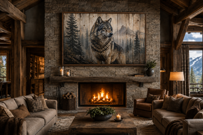 Rustic Wolf Painting On Wood Framed Canvas Wall Art For Cabin Decor