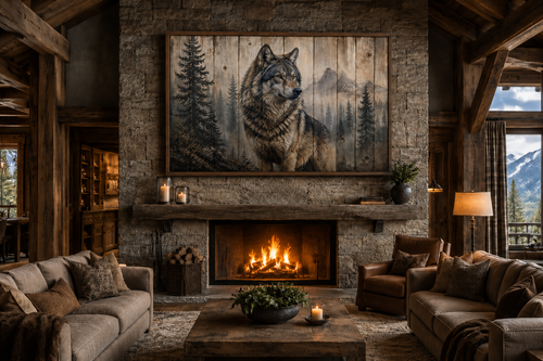 Rustic Wolf Painting On Wood Framed Canvas Wall Art For Cabin Decor