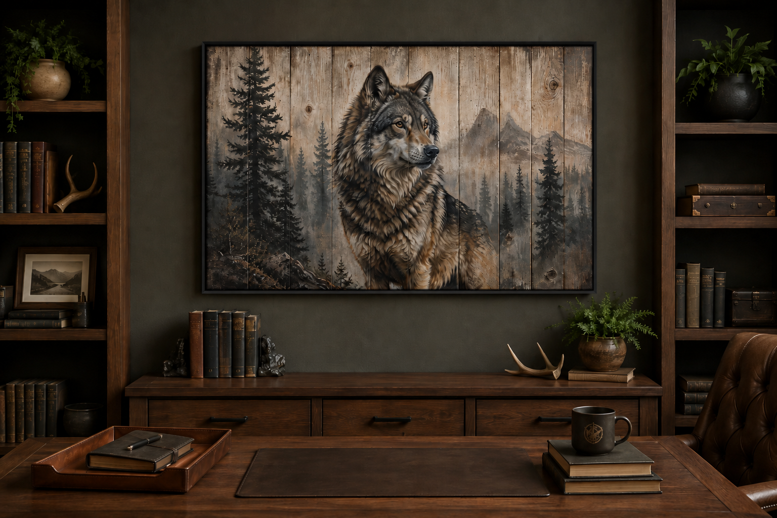Rustic Wolf Painting On Wood Framed Canvas Wall Art For Cabin Decor