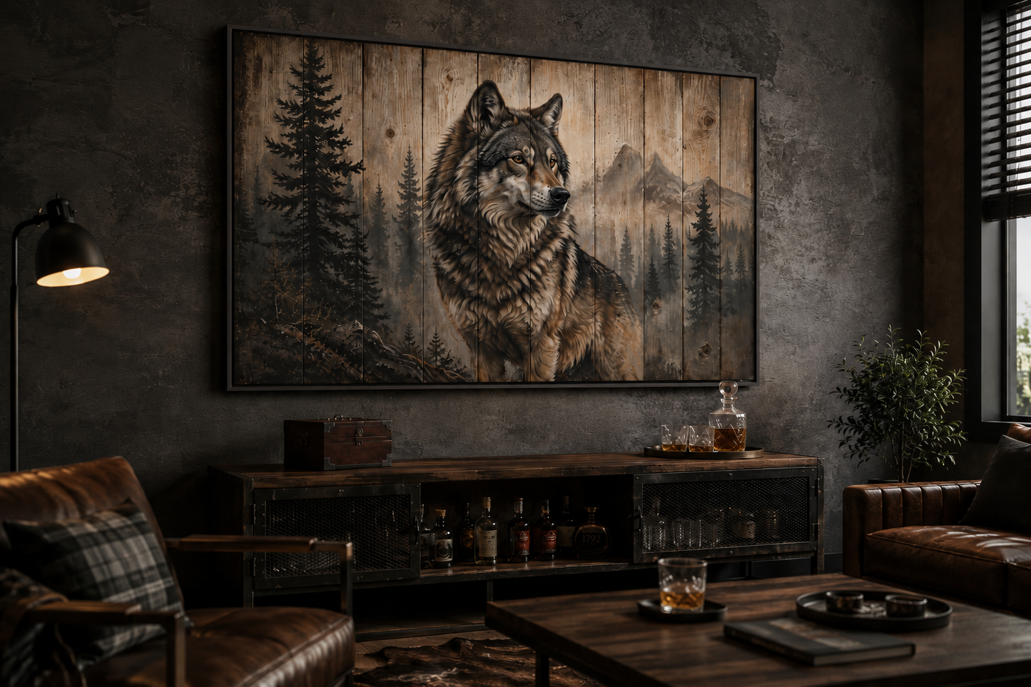 Rustic Wolf Painting On Wood Framed Canvas Wall Art For Cabin Decor