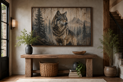Rustic Wolf Painting On Wood Framed Canvas Wall Art For Cabin Decor