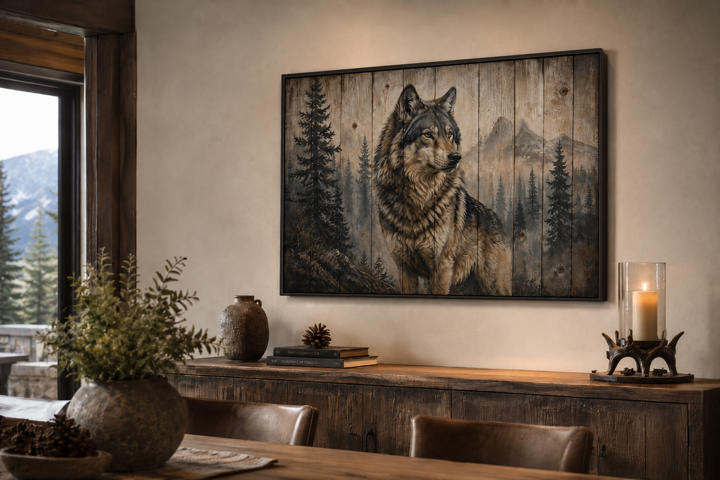 Rustic Wolf Painting On Wood Framed Canvas Wall Art For Cabin Decor