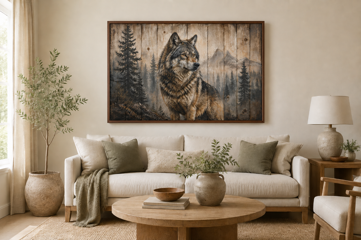 Rustic Wolf Painting On Wood Framed Canvas Wall Art For Cabin Decor