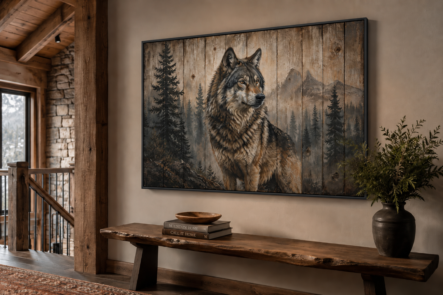 Rustic Wolf Painting On Wood Framed Canvas Wall Art For Cabin Decor