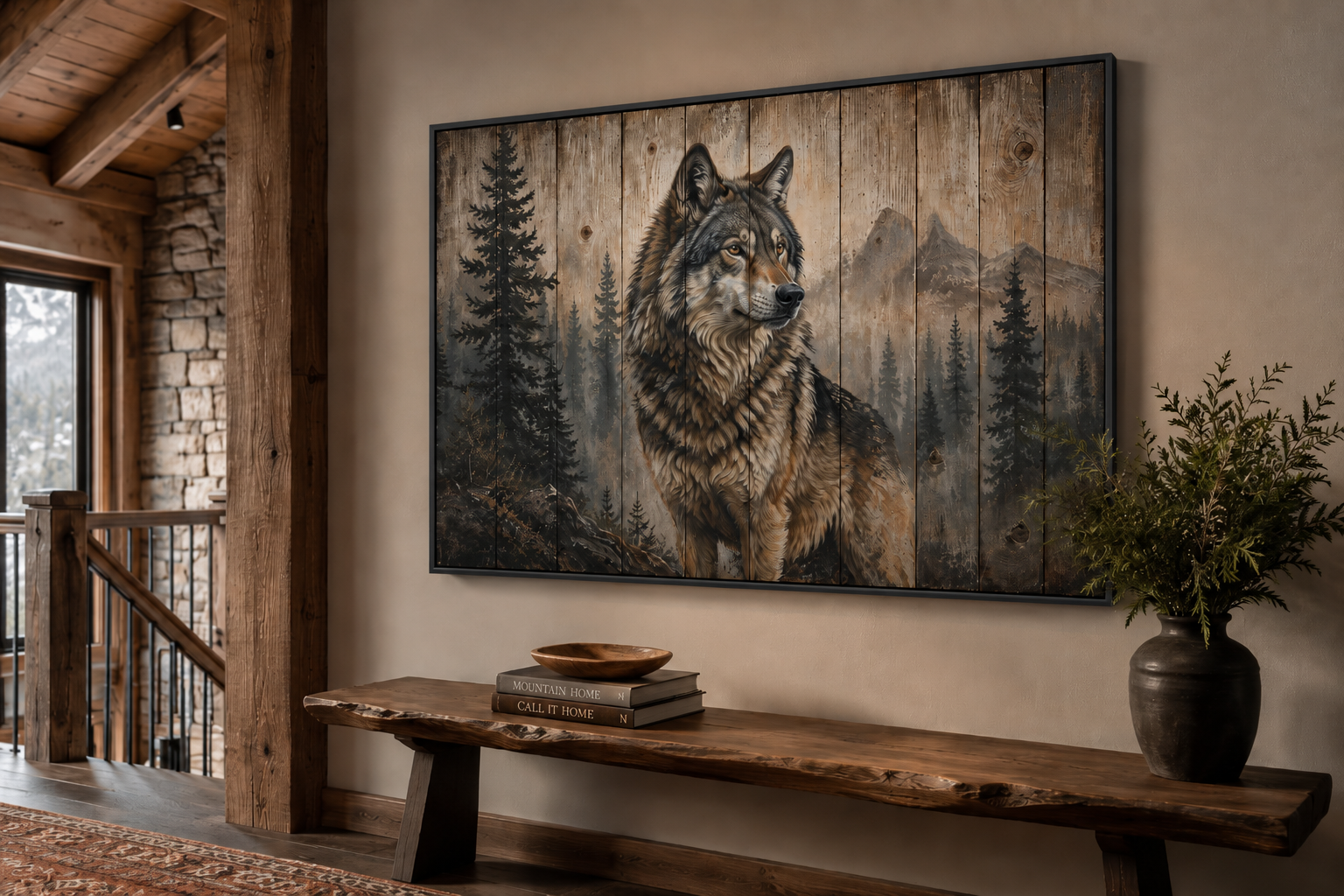 Rustic Wolf Painting On Wood Framed Canvas Wall Art For Cabin Decor