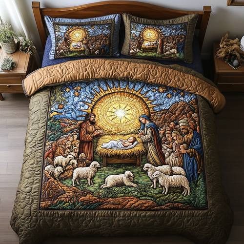 Sacred Birth Scene Quilted Bedding Set - Single (59" x 70")